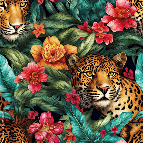 Seamless floral pattern with exotic tropical flowers and leopard print. Digital illustration background