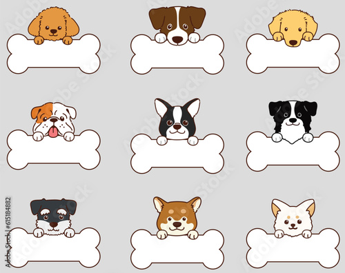 Set of outlined various cute dog faces with paws holding a bone