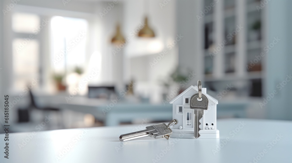 House keys with new house model. Mortgage, investment, real estate