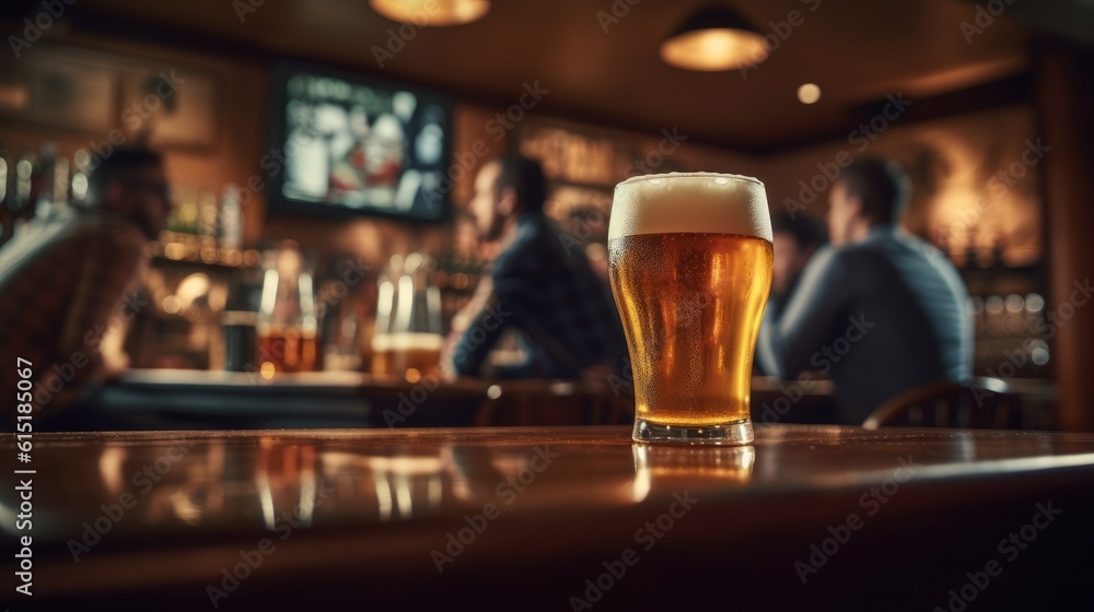 Cold beer and sport happy time. Beautiful background with blurred view of people sitting at the bar.