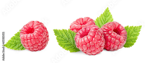 fresh raspberries with leaves on a white isolated background