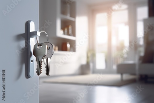 Opening door with golden house key chain on cozy white background and mockup for your advertisement. Homebuying idea.