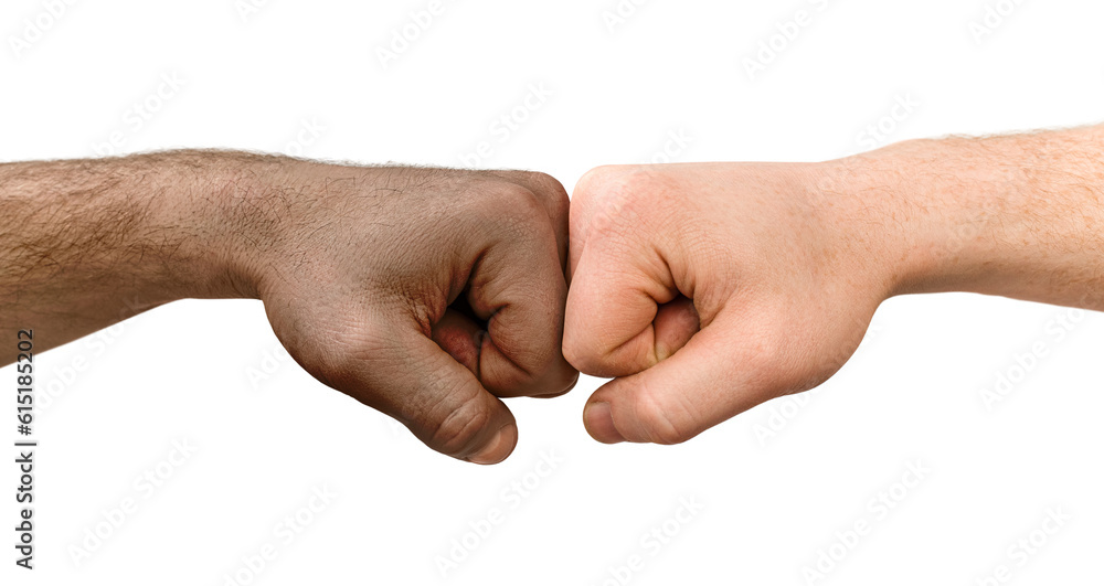 hand of a white man and an African American are touching fists. on a white isolated background hand of a white man and an African American are touching fists. on a white isolated background