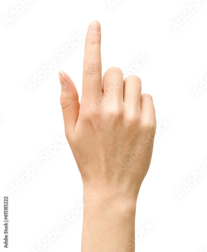 woman hand pointing upwards on isolated white background