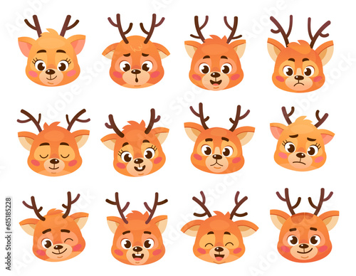 Wallpaper Mural Set of cute reindeer emoticons isolated on white background. Deer faces with different emotions: happy, blinking, sad, angry and smiling. Collection of Christmas emojis. Cartoon vector illustration. Torontodigital.ca