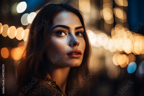 A bokeh-style portrait of a beautiful woman with long dark hair looks off into the distance Generative Ai