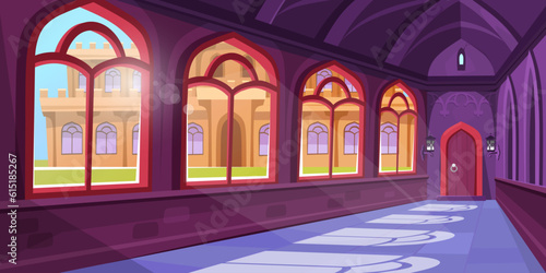 Old castle hall background with large windows and a secret door and shadows on the marble floor. Magic school interior. Vector illustration of a medieval palace hallway for game design.