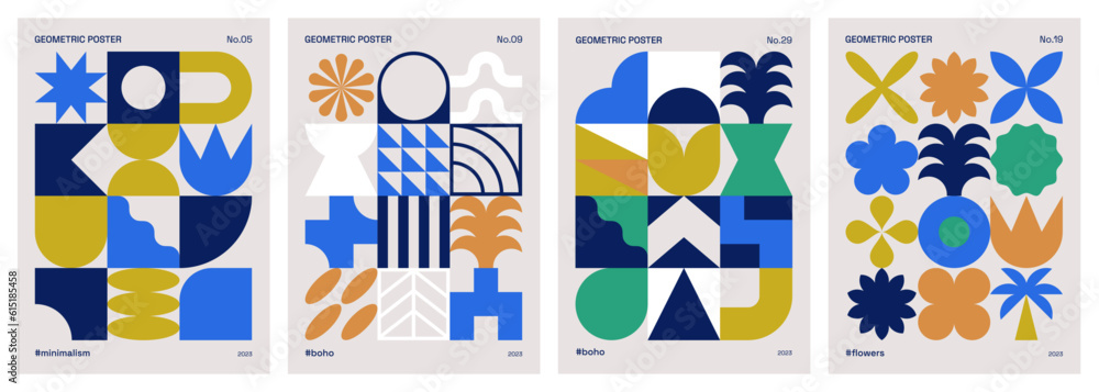 Fototapeta premium Trendy geometric design set. Abstract and minimalist posters with geometric shapes. Bauhaus patterns for print, cover, card, banner or background.
