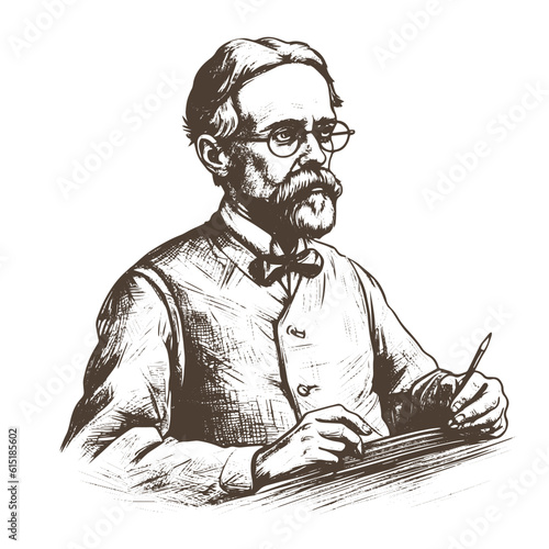 professor vector drawing. Isolated hand drawn, engraved style illustration