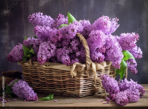 Freshly cut flowers of lilac. Lilac from the garden in wicker basket. Created with Generative AI technology.