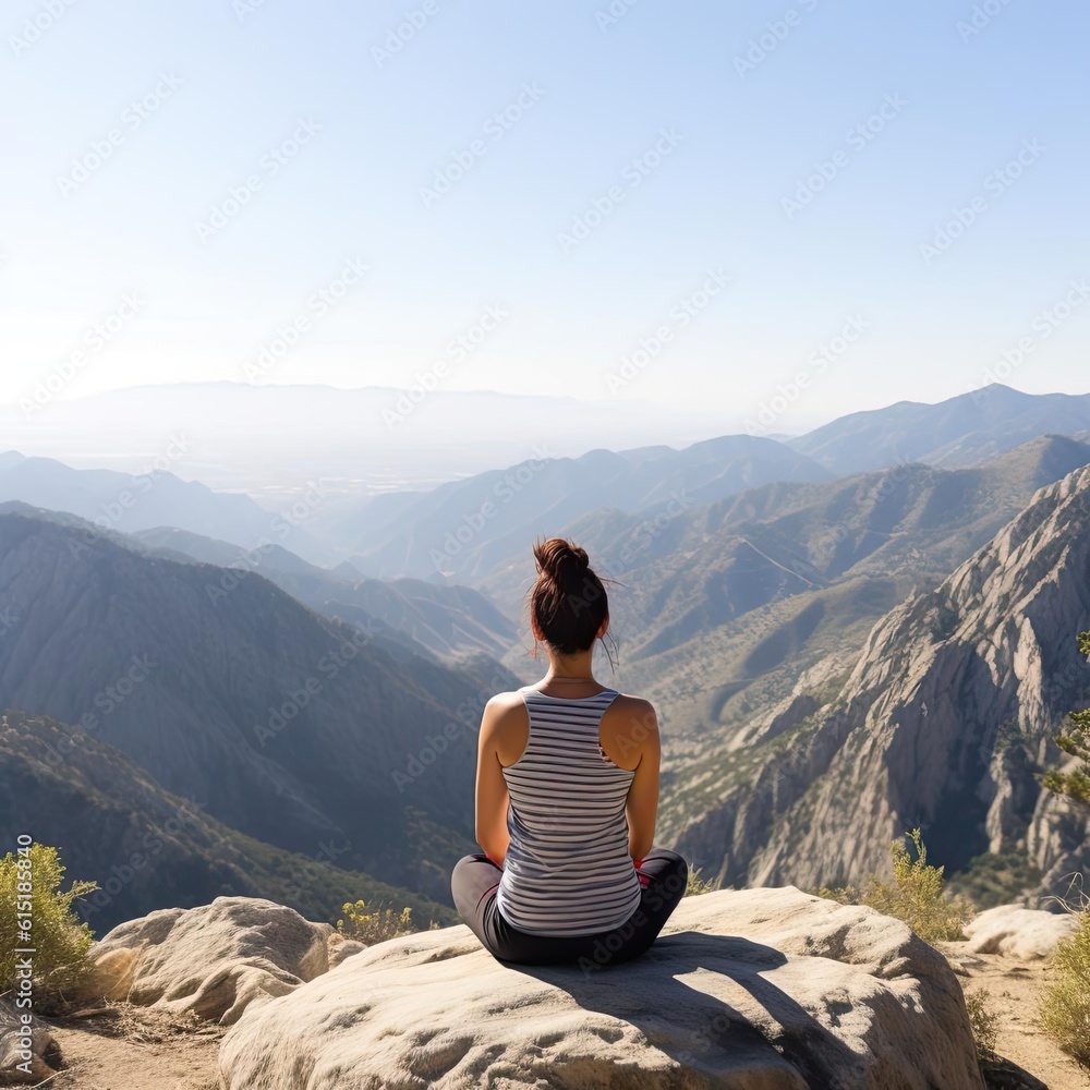 Young woman sitting on top of a mountain and looking at the valley - Generative AI