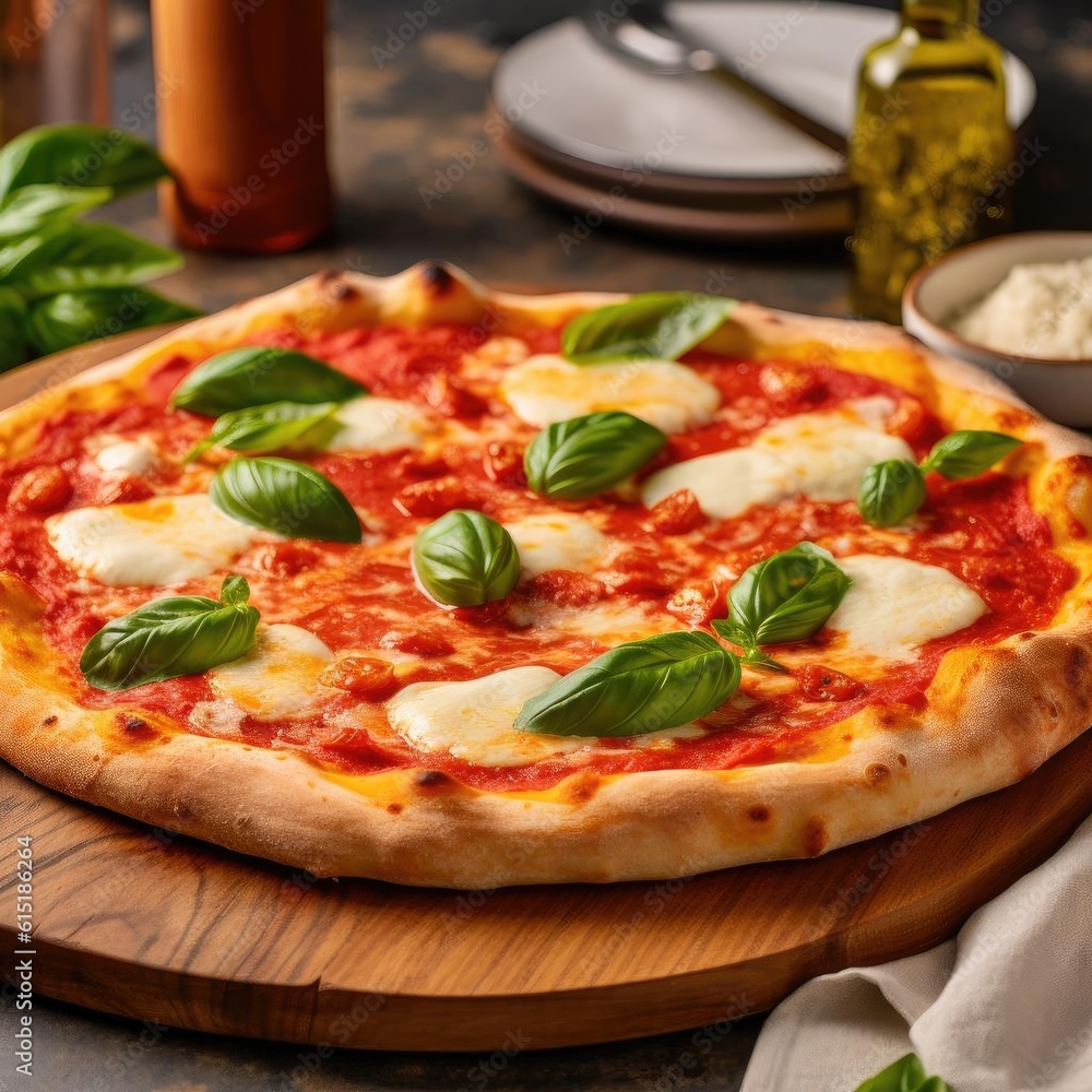 Pizza Margherita with mozzarella cheese, basil, and tomato sauce - Generative AI
