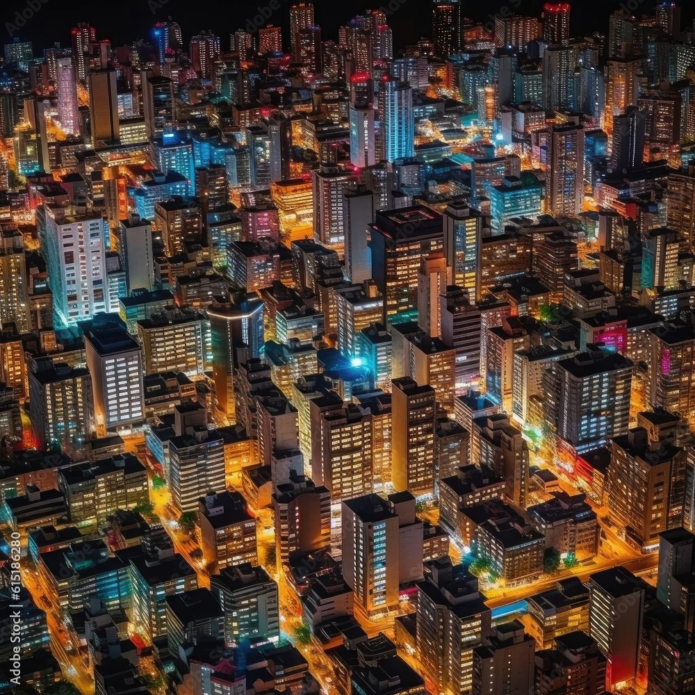 Aerial view of skyscrapers and high-rise buildings at night - Generative AI Aerial view of skyscrapers and high-rise buildings at night - Generative AI
