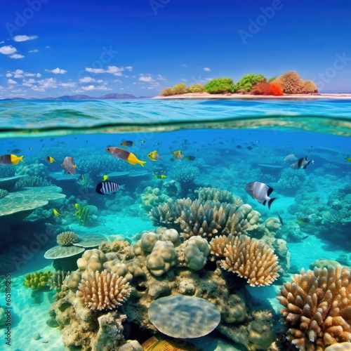Underwater view of tropical coral reef with fish and marine life - Generative AI