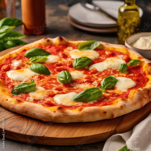 Pizza Margherita with mozzarella cheese, basil, and tomato sauce - Generative AI