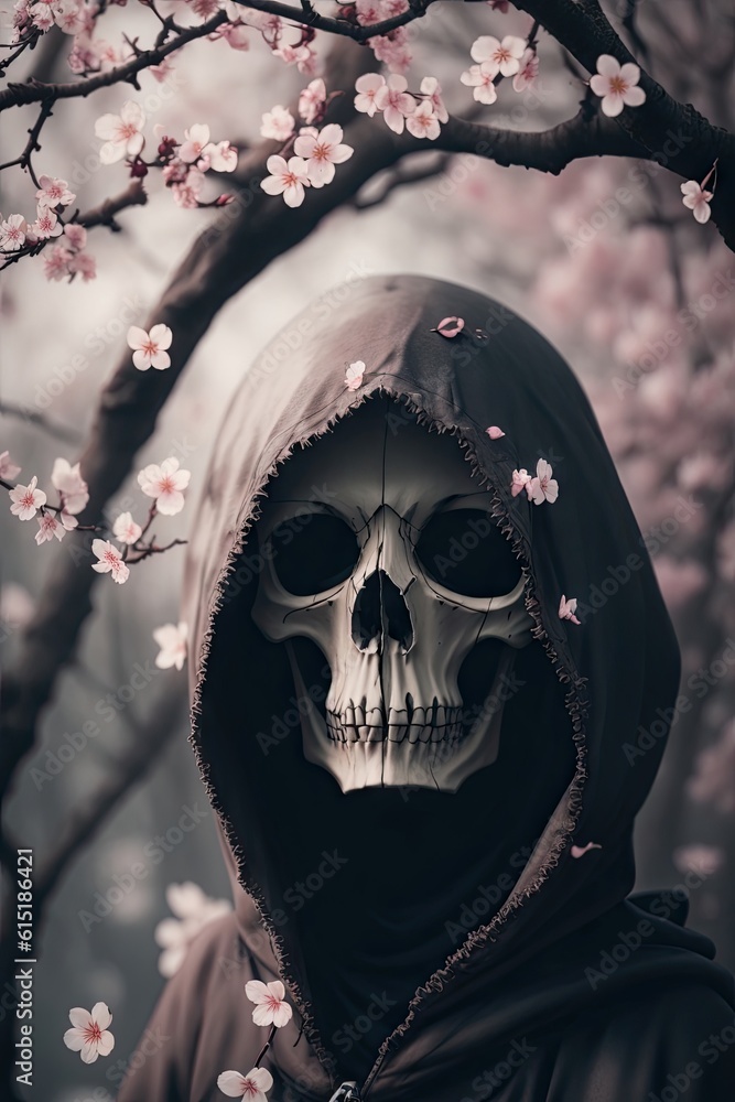 Skull with a black hood and a crown of cherry blossom flowers ai generative Skull with a black hood and a crown of cherry blossom flowers ai generative
