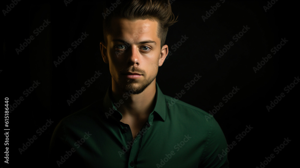 A man in a green shirt isolated on a black background Generative Ai
