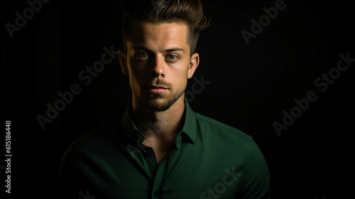 A man in a green shirt isolated on a black background Generative Ai