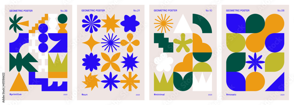 Geometric, abstract and colorful patterns. Poster set with minimalist and primitive shapes and symbols influenced by swiss style and Bauhaus. Trendy flat vector illustrations for covers or banners. Geometric, abstract and colorful patterns. Poster set with minimalist and primitive shapes and symbols influenced by swiss style and Bauhaus. Trendy flat vector illustrations for covers or banners.