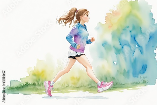 Running woman in park in summer training illustration, ai generative