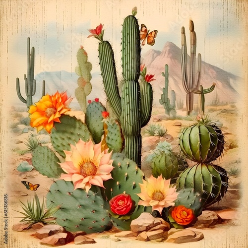 Vintage cactus paper background, created with Generative AI technology	