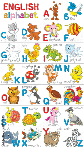 Fototapeta Naklejka Na Ścianę i Meble -  English alphabet with funny toy animals, set of vector cartoon illustrations