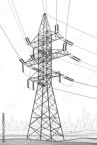 High voltage transmission systems. Electric pole. Power lines. A network of interconnected electrical. Energy pylons. City electricity infrastructure. Gray otlines on white background. Vector design