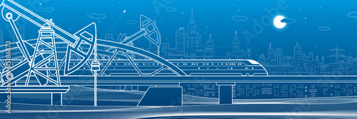 Train rides on the bridge. Three industrial pipes. Power plant, petroleum industry. City and transport illustration. Urban scene. White lines on blue background. Vector design art