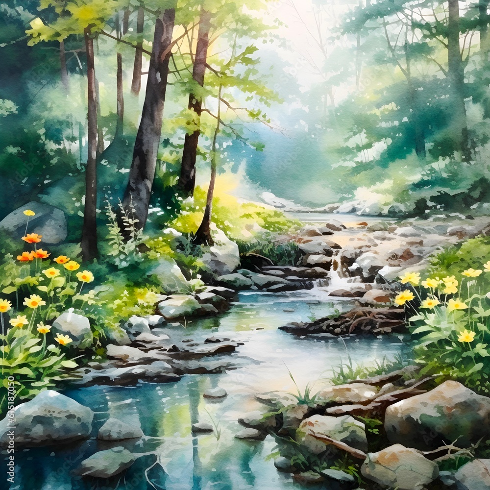 Idyllic watercolor forest background, created with Generative AI ...