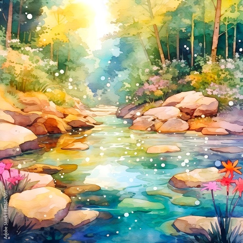 Idyllic watercolor forest background, created with Generative AI technology