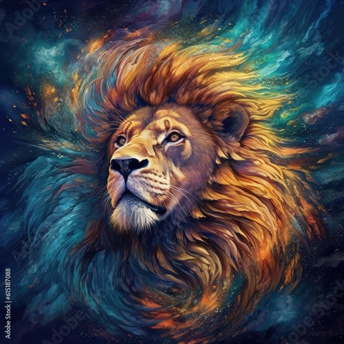 The beautiful lion is in a starry sky with a colorful background