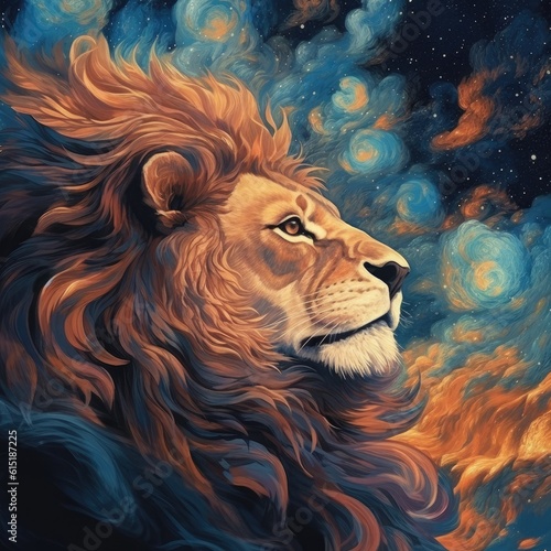 The beautiful lion is in a starry sky with a colorful background