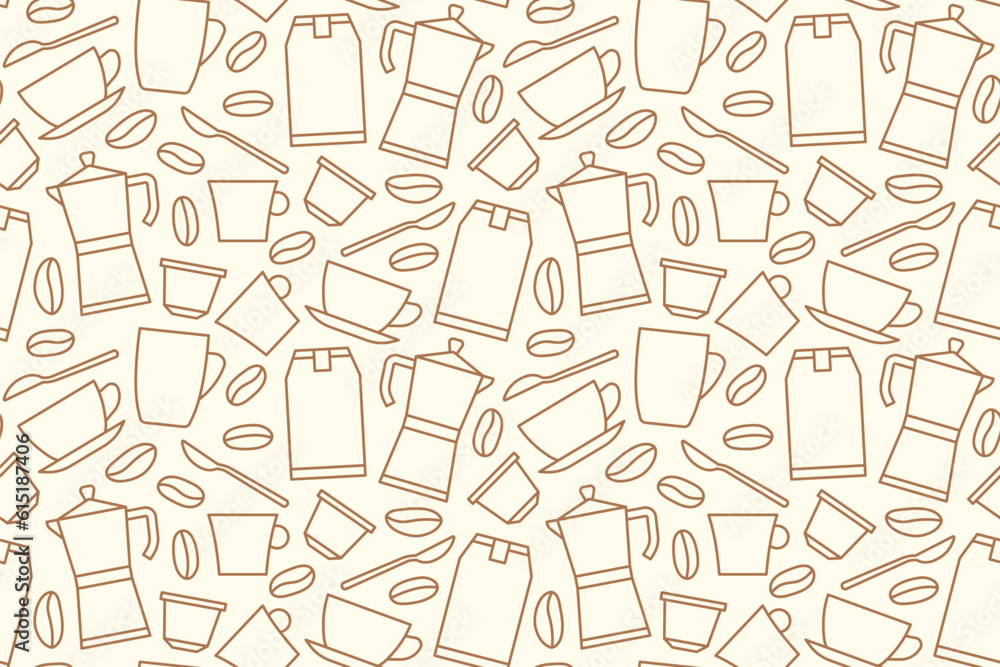 coffee seamless pattern with capsules, beans, cups, spoons, packages and french press - vector illustration coffee seamless pattern with capsules, beans, cups, spoons, packages and french press - vector illustration