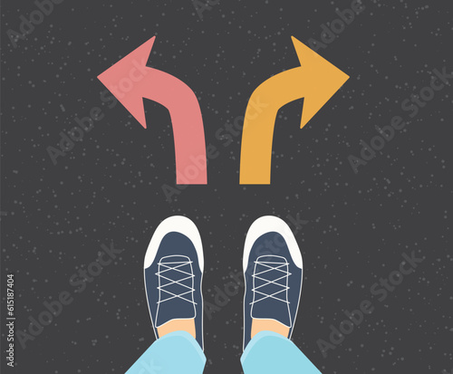 feet standing at crossroads; concept of career, life path; making decisions- vector illustration