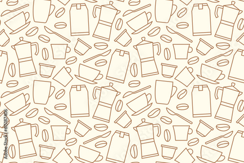 coffee seamless pattern with capsules, beans, cups, spoons, packages and french press - vector illustration