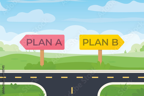 crossroad with plan A and plan B sign boards; concept of career, life path; making decisions- vector illustration