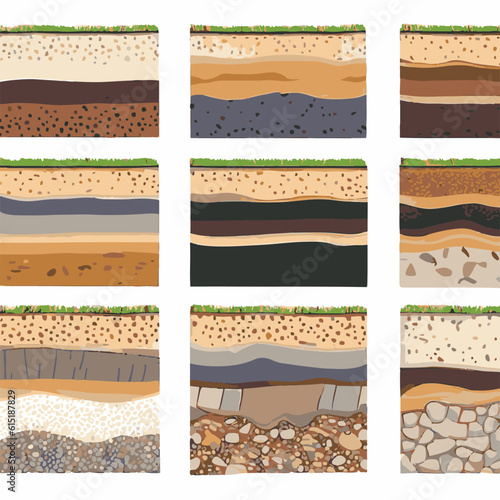 Seamless ground cross sections,layers under earth underground textures set. vector illustrations