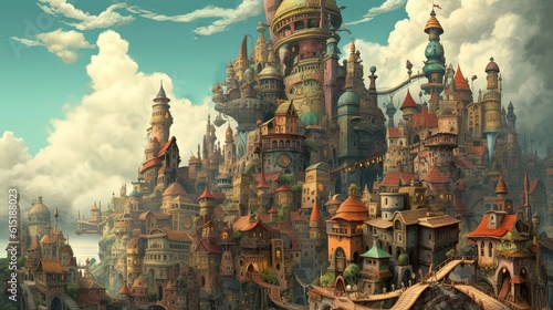anime scenery art illustration, fantasy mood, wooden medieval village at cliff edge, Generative Ai