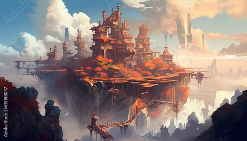 anime scenery art illustration, fantasy mood, floating city, Generative Ai