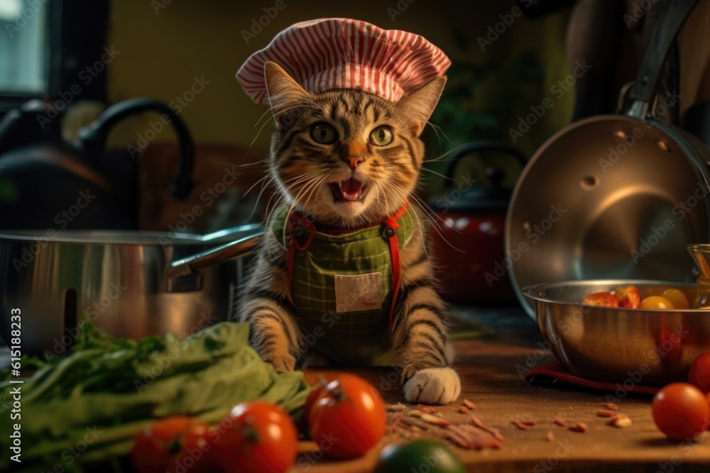 cat wearing a miniature chef hat and apron, attempting to cook