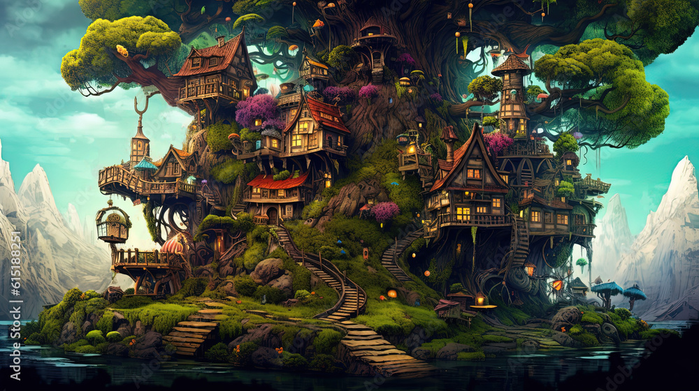 Obraz premium anime scenery art illustration, fantasy mood, elven village big tree trunk town, Generative Ai