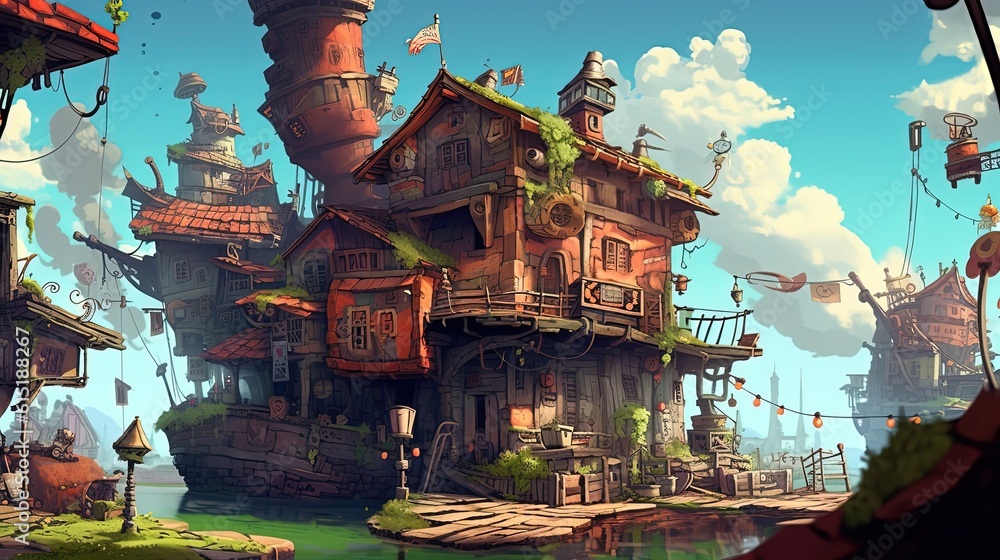 Obraz premium anime scenery art illustration, fantasy mood, anime illustration of steampunk cottage village, Generative Ai