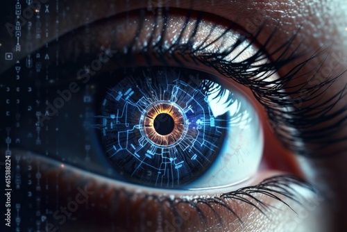 An eye with system of AI Facial Recognition, personal information concept