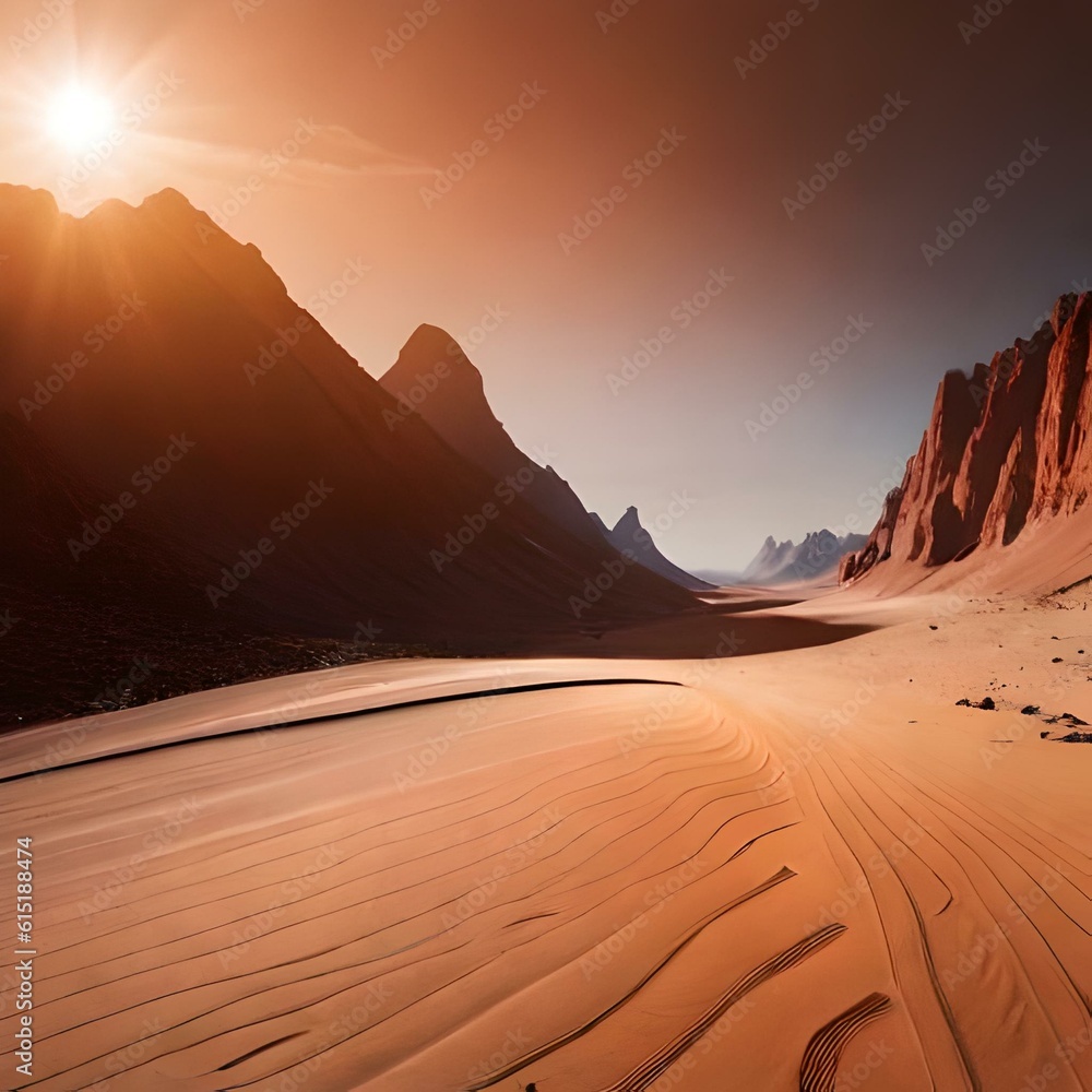 Landscape view of an orange desert with orange sands and mountains and an orange sunlight. AI generated.