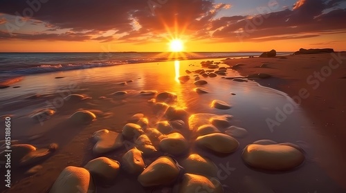 Golden Horizons: Tranquil Sunrise Painting the Coastal Landscape Generative AI