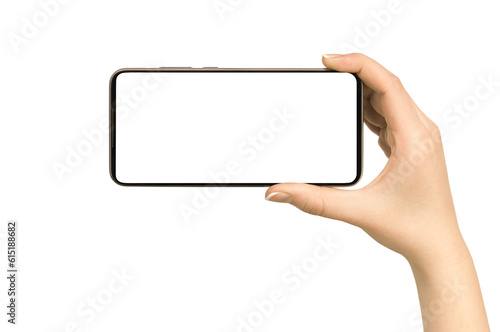 female hand holds a smart phone. on isolated white background