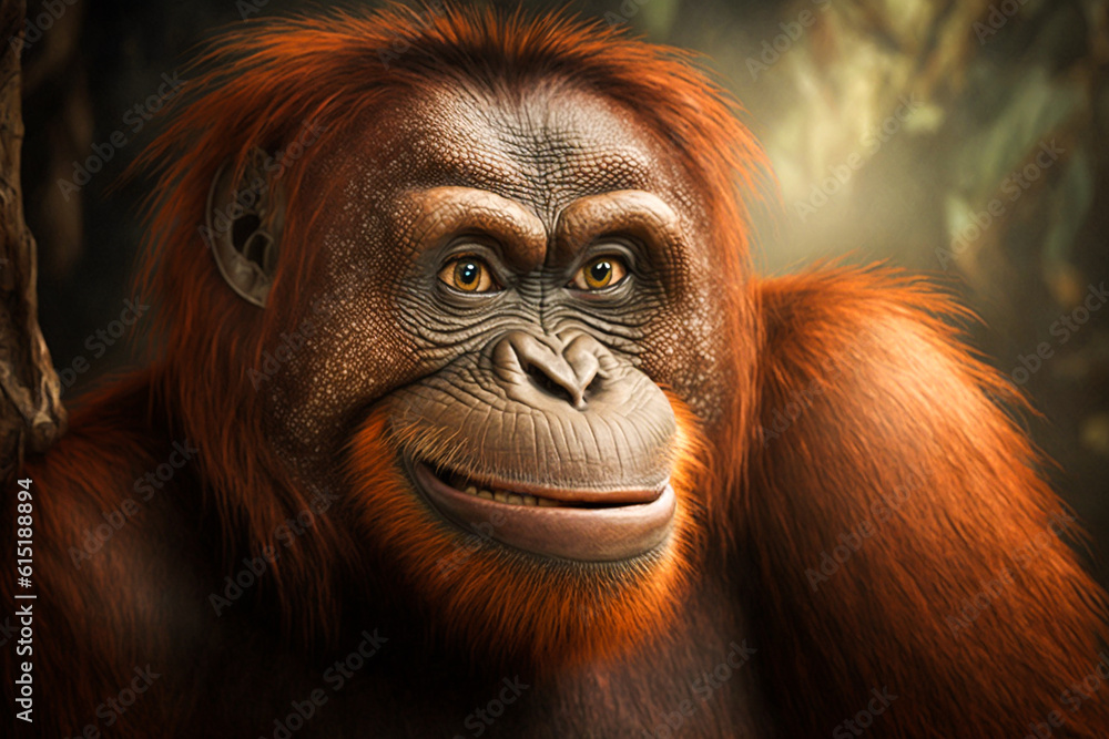 Portrait of realistic and adorable Orangutans with smile Illustration. Closeup funny smiling animal face. Hilarious, humorous, entertaining animals, Heartwarming concept. Made with Generative AI Portrait of realistic and adorable Orangutans with smile Illustration. Closeup funny smiling animal face. Hilarious, humorous, entertaining animals, Heartwarming concept. Made with Generative AI
