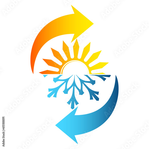 Sun and snowflake, blue and orange arrows. Design for air conditioner