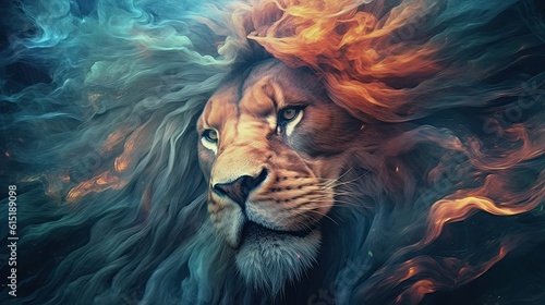 Mystical Lion with fire in his hair
