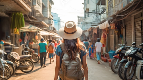 Woman traveler with backpack and hat sightseeing and touring streets with markets and street food stalls in Southeast Asia or India. Generative ai.